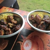 Oběd připravený Medvíďaty a Rosomáky - grilované maso s bramborovou kaší